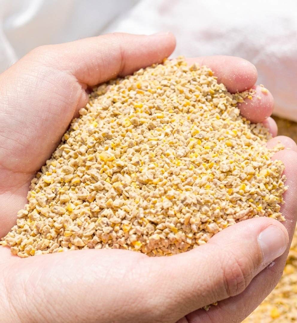 Hands holding a scoop of cracked grain feed