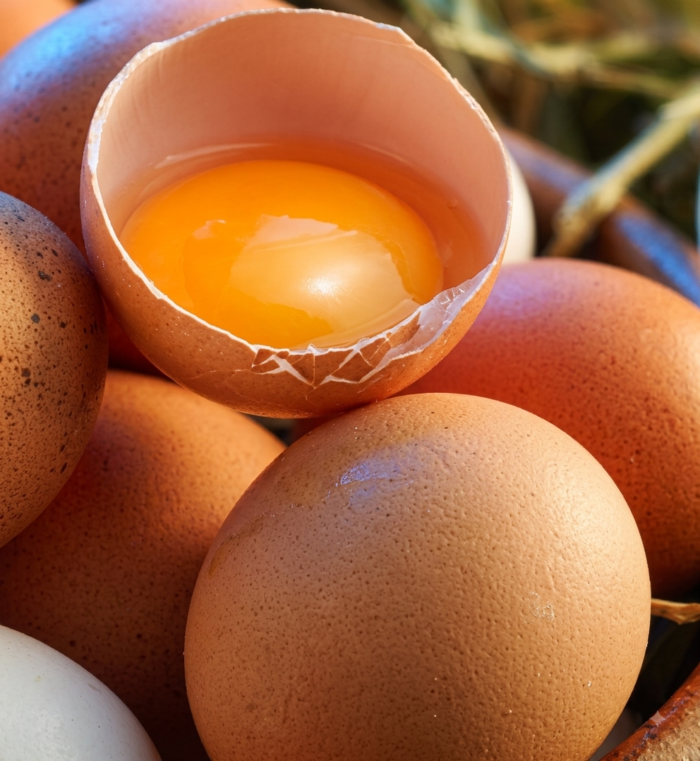 A cracked brown egg showing a bright yolk, resting on other brown eggs